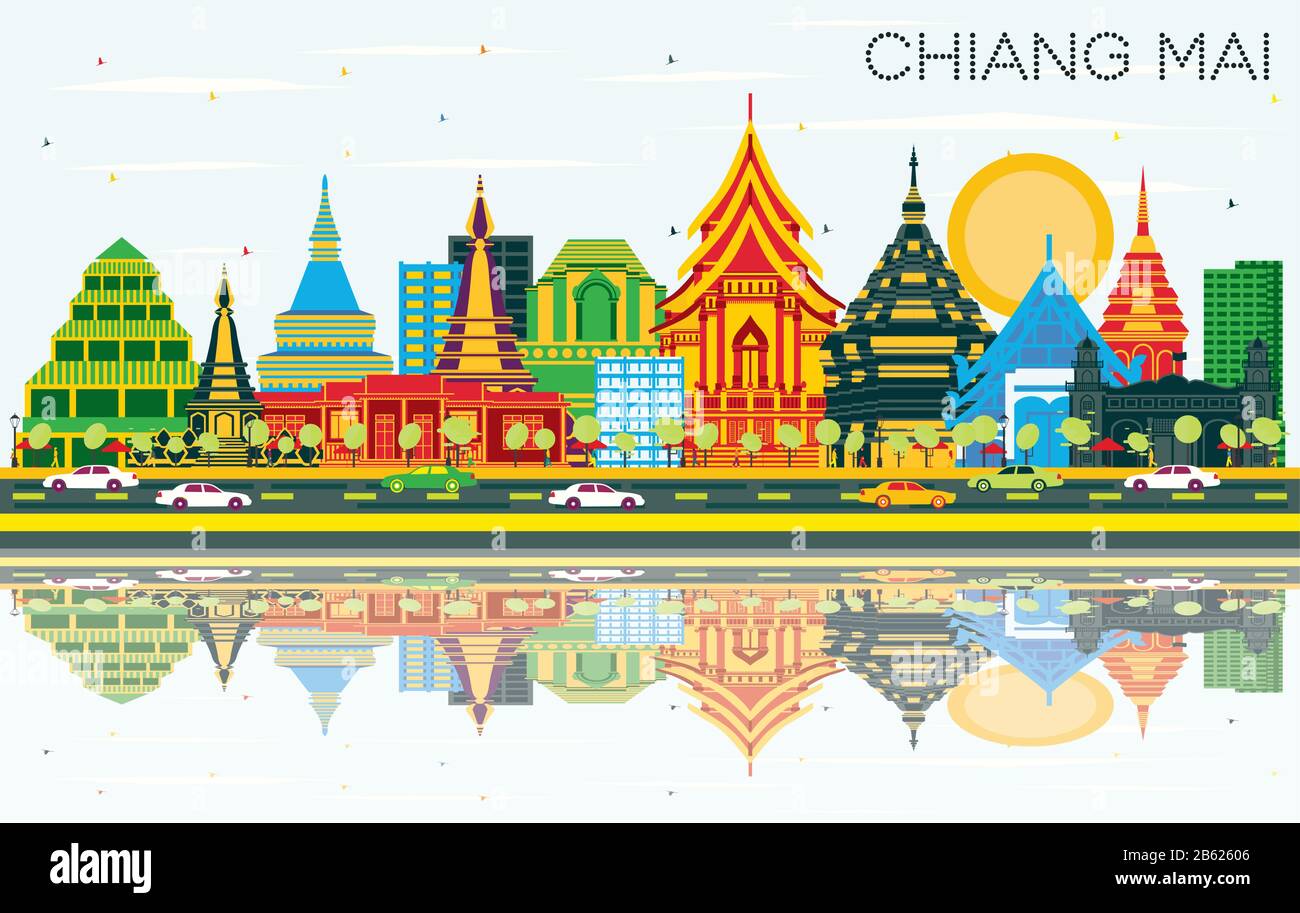 Chiang Mai Thailand City Skyline with Color Buildings, Blue Sky and Reflections. Vector Illustration. Travel and Tourism Concept. Stock Vector