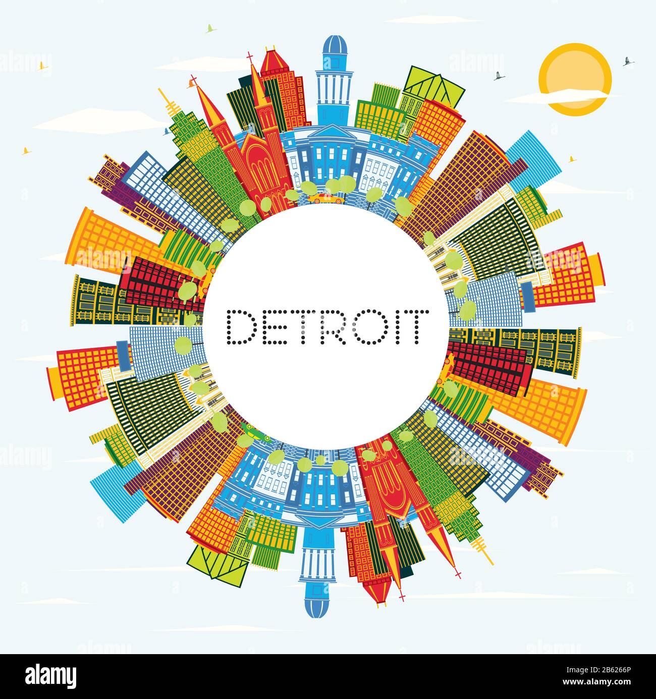 Detroit Michigan City Skyline with Color Buildings, Blue Sky and Copy