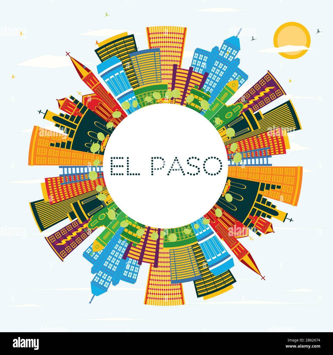 El Paso Texas City Skyline with Color Buildings, Blue Sky and Copy Space. Vector Illustration. Business Travel and Tourism Concept. Stock Vector