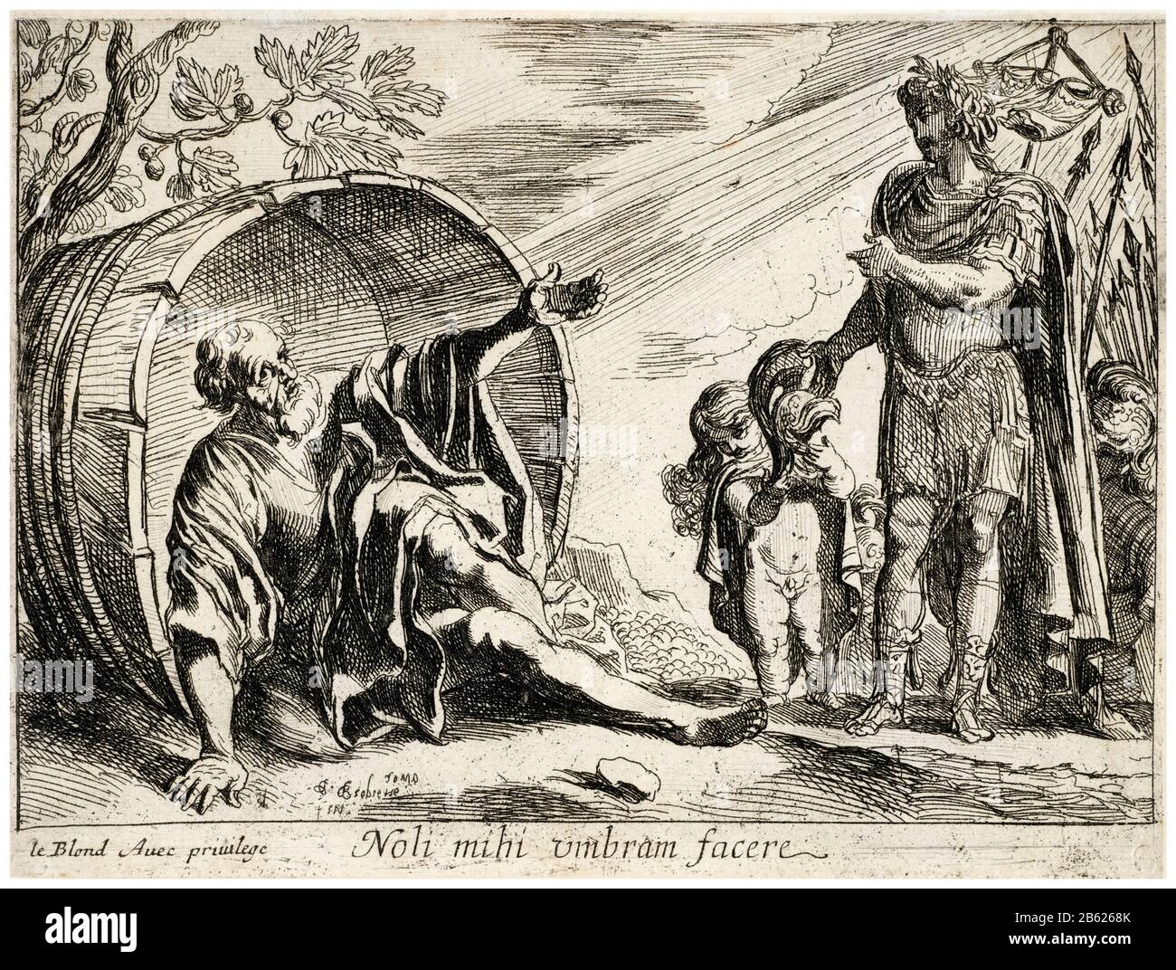 Diogenes and Alexander the Great, etching by Pierre Brebiette, circa 1635 Stock Photo