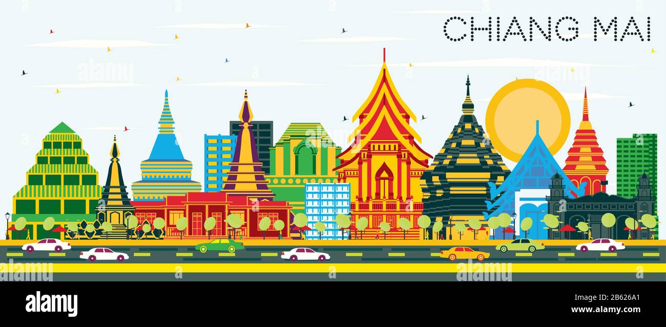 Chiang Mai Thailand City Skyline with Color Buildings and Blue Sky. Vector Illustration. Business Travel and Tourism Concept with Modern Architecture. Stock Vector