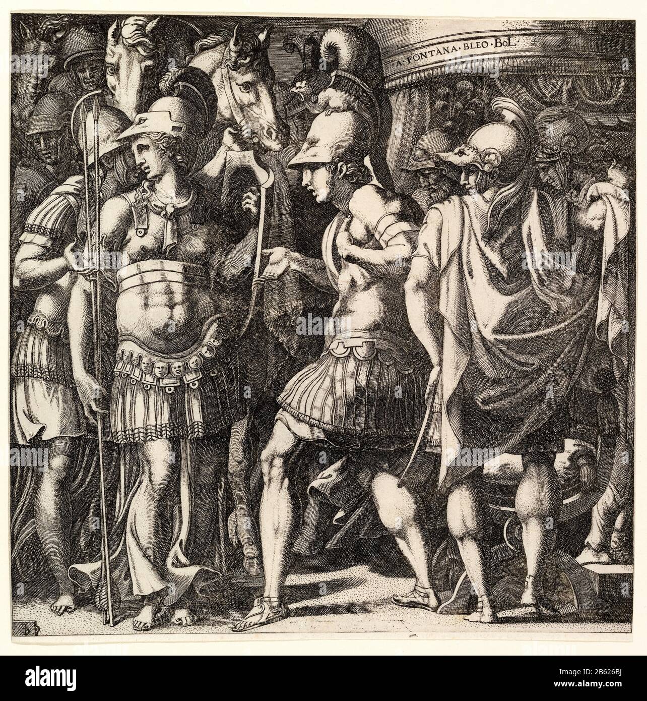 Alexander the Great welcoming Thalestris and the Amazons, engraving by Master FG, 1550-1560 Stock Photo