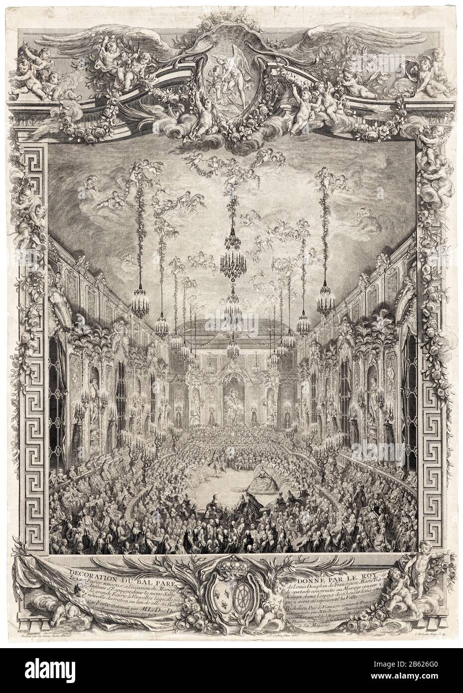 Decoration of the Grand Ball inside the covered riding school, Palace of Versailles, for the wedding of Louis Dauphin Of France to Marie Thérèse of Spain, February 24th 1745, engraving by Michel de Bonneval, Charles-Nicolas Cochin the younger, 1756 Stock Photo