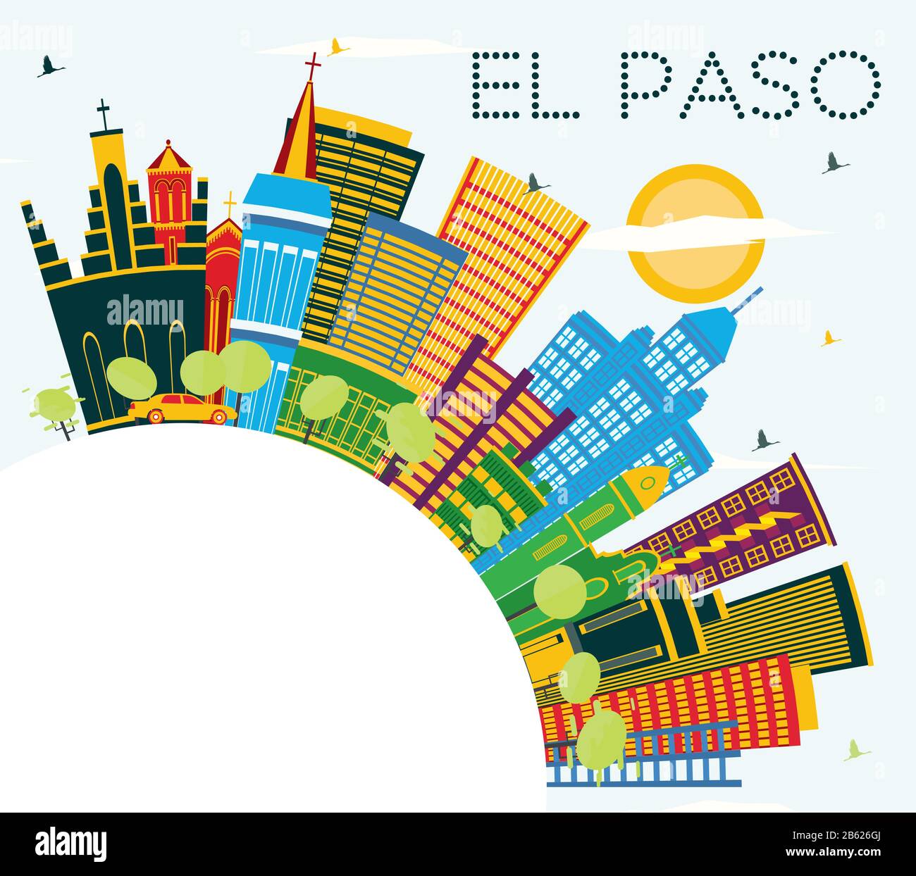 El Paso Texas City Skyline with Color Buildings, Blue Sky and Copy