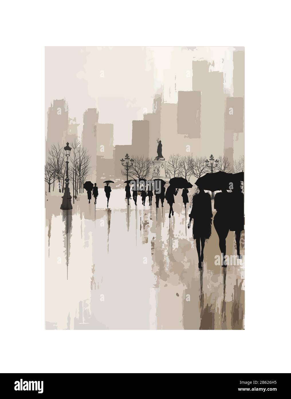 People under rain in a city - vector illustration  (Ideal for printing on fabric or paper, poster or wallpaper, house decoration) Stock Vector