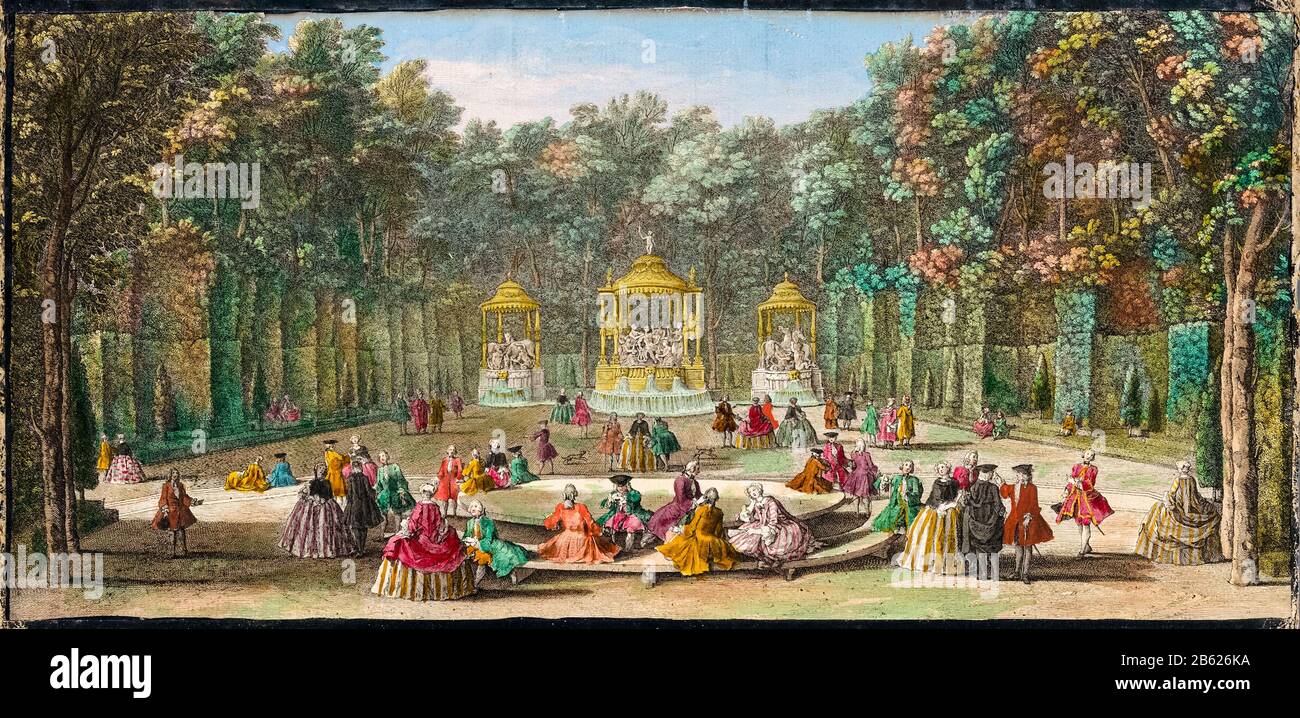 View of the Bosquet des Bains d’Apollon (Grove of Apollo's Baths), in the gardens of the Palace of Versailles, print by Jacques Rigaud, circa 1691 to after 1753 Stock Photo