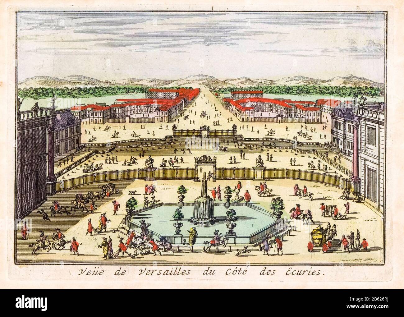 Elevated view of the Palace of Versailles and grounds from the side of the Stables, print, 1735 Stock Photo