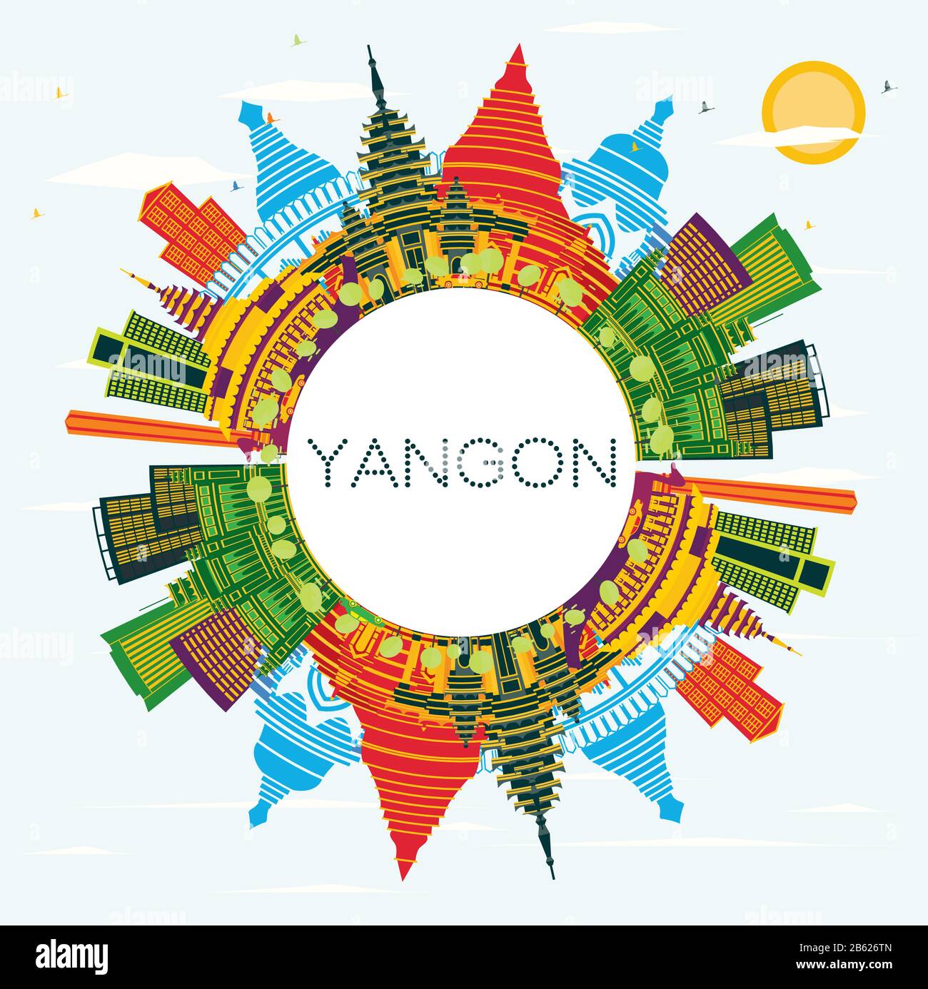 Yangon Myanmar City Skyline with Color Buildings, Blue Sky and Copy Space. Vector Illustration. Stock Vector