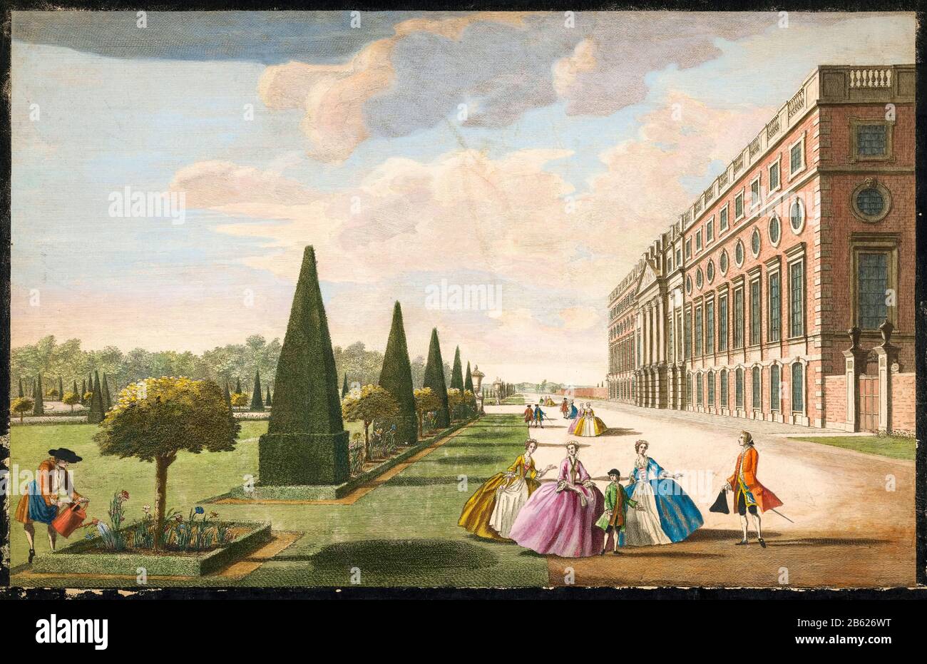 Perspective view of the East facade of Hampton Court Palace with the long walk and part of the formal gardens, print by John Tinney, Anthony Highmore, 1744 Stock Photo