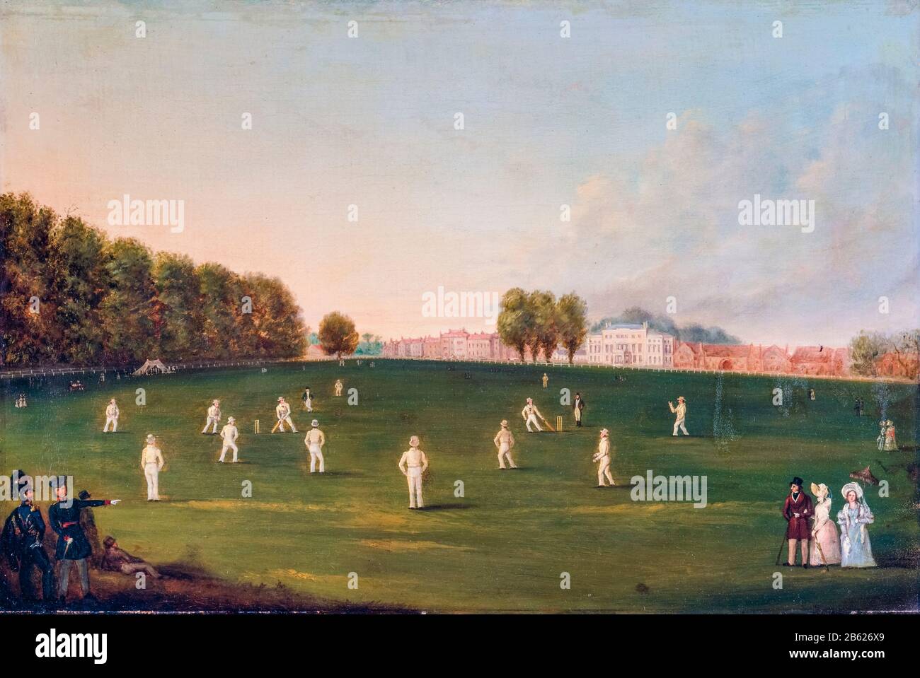 First Grand Match of Cricket, played by members of the Royal Amateur Society on Hampton Court Green, August 3rd 1836, painting by HJ Aveling, 1836 Stock Photo