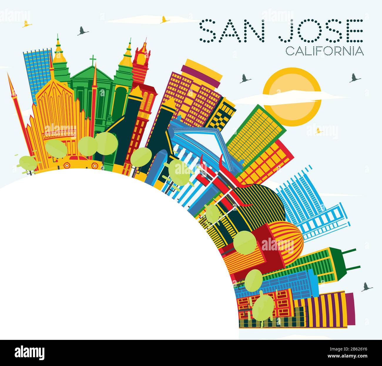San Jose California Skyline with Color Buildings, Blue Sky and Copy Space. Vector Illustration. Stock Vector