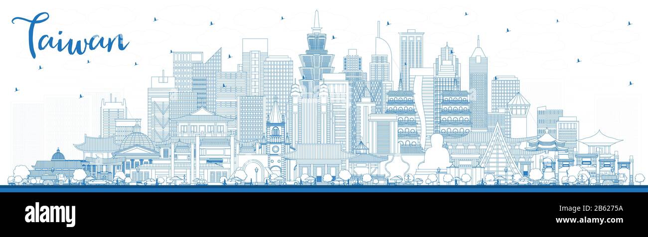 Outline Taiwan City Skyline with Blue Buildings. Vector Illustration. Tourism Concept with Historic Architecture. Taiwan Cityscape with Landmarks. Stock Vector