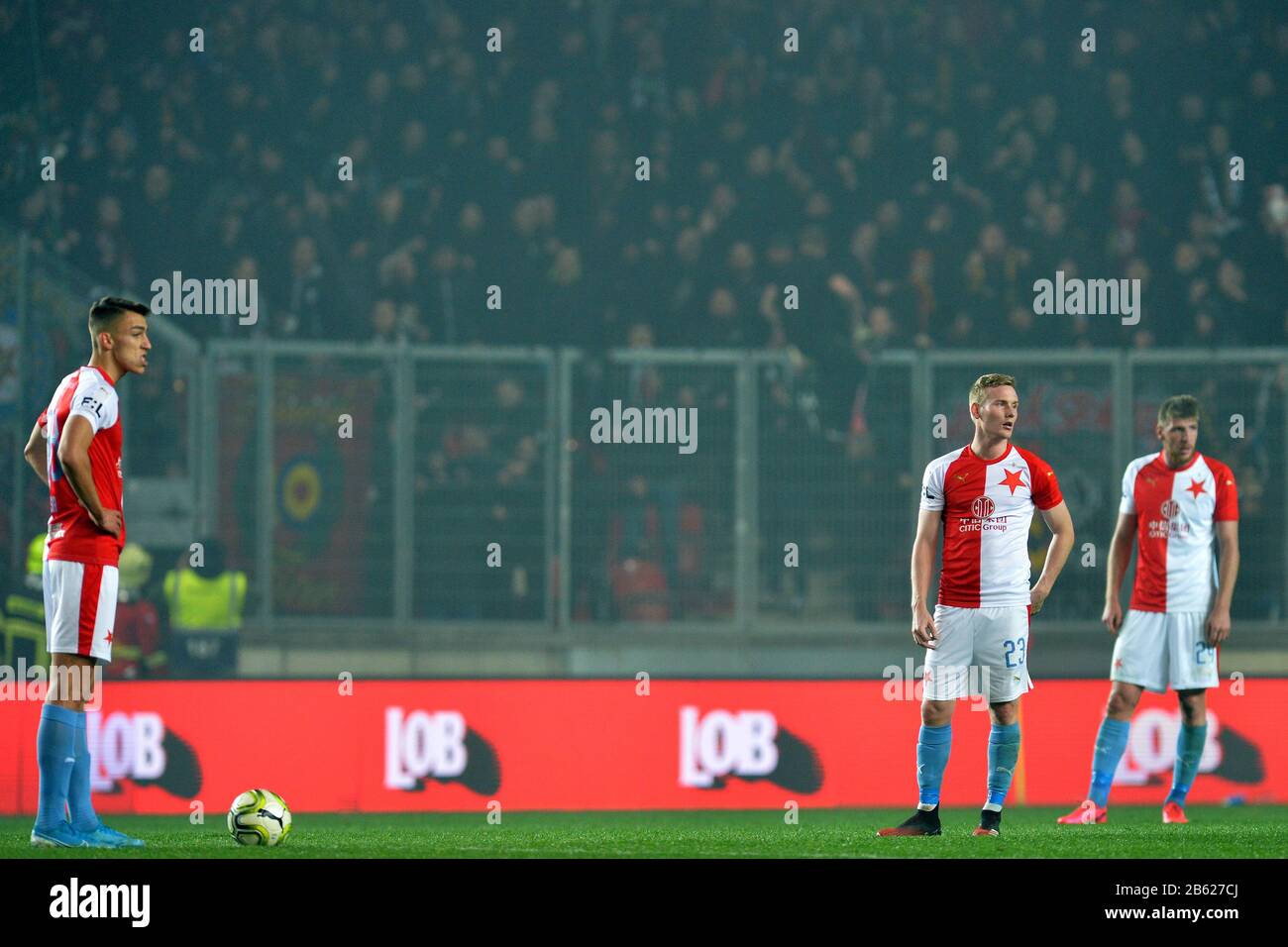 March 8, 2020, Prague, Czech Republic: Soccer of Slavia Prague (from left) PETAR MUSA, PETR SEVCIK, LADISLAV TAKASC after match of Czech soccer league Slavia Praha vs Sparta Praha in Prague in the Czech Republic. (Credit Image: © Slavek Ruta/ZUMA Wire) Stock Photo