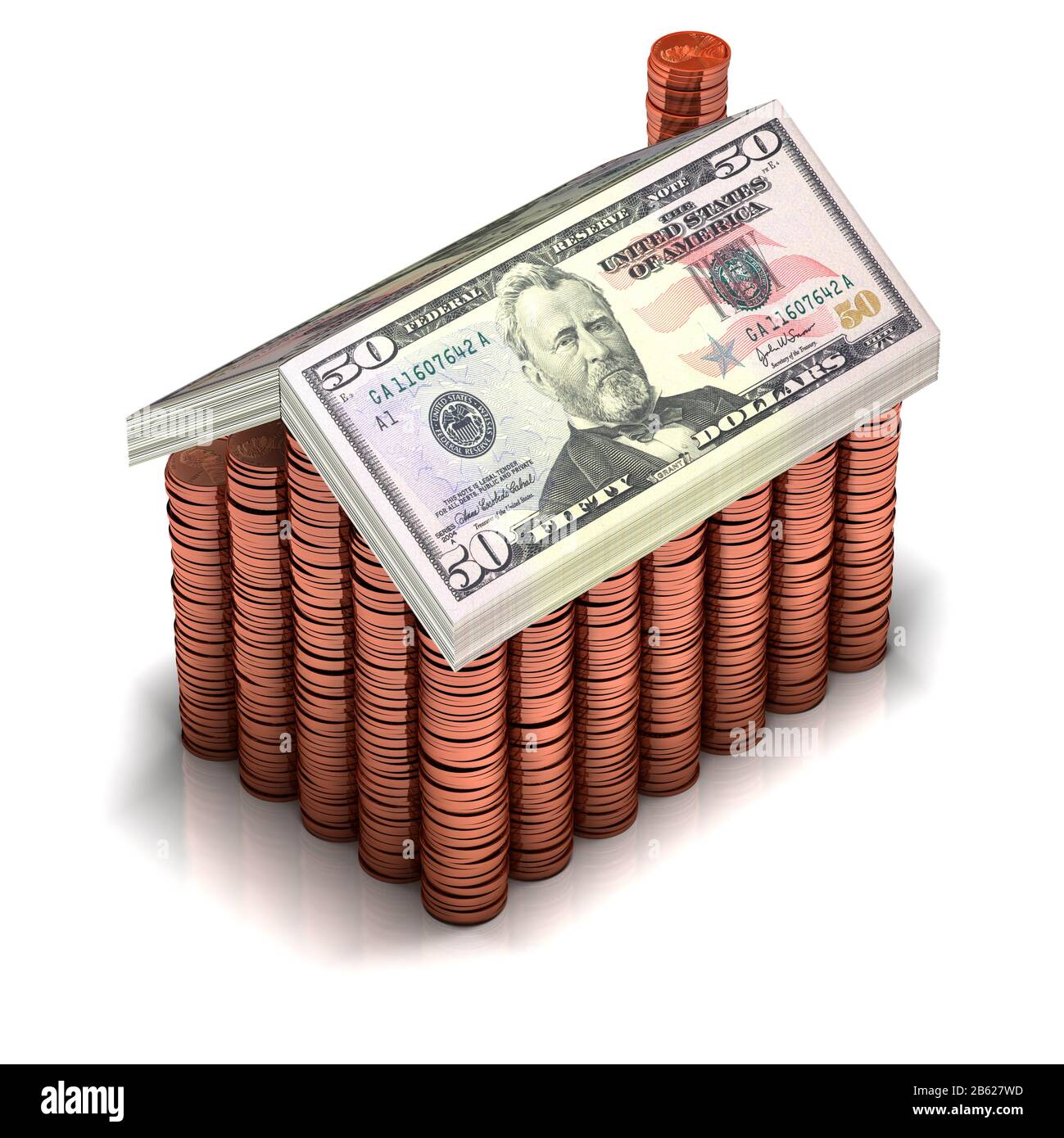 Safe as Houses. A house made of dollar coins & dollar bills. banknotes. Mortgage, Finance. Economy. Family finances. Security. Asset. Stock Photo