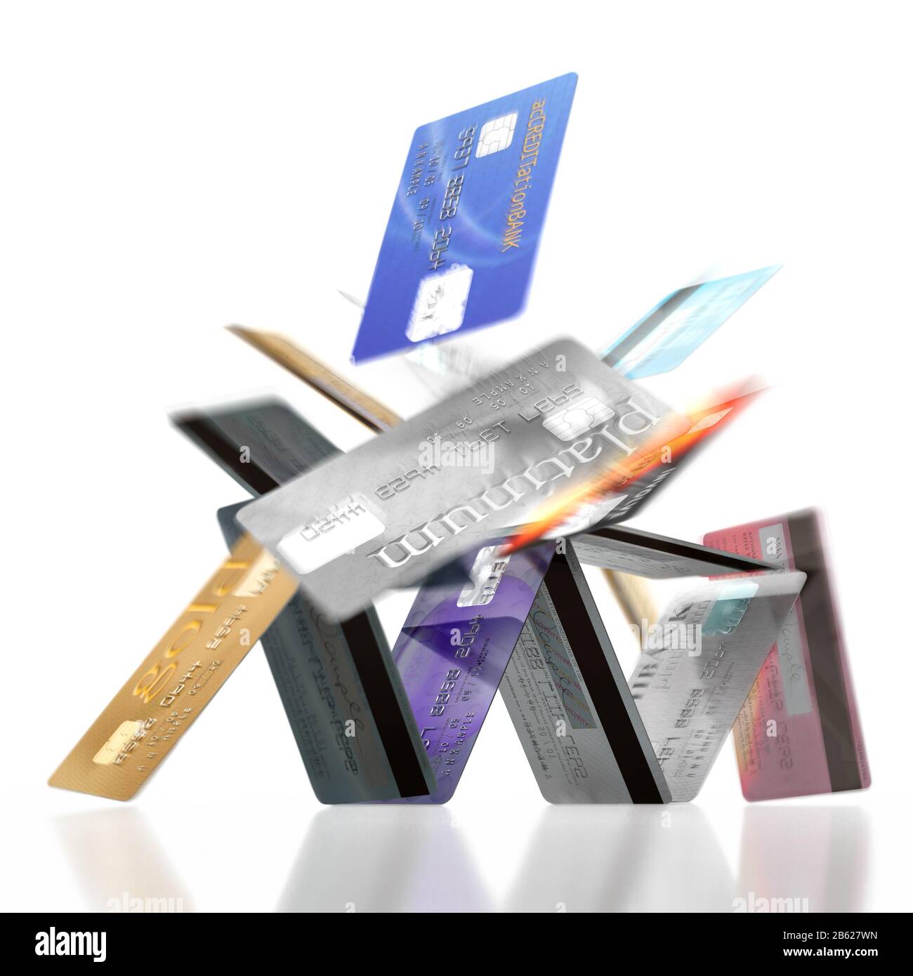 Credit debit card. House of cards collapsing. Crashing debt. Financial crisis. 1 of 2 see  2B627WK Stock Photo