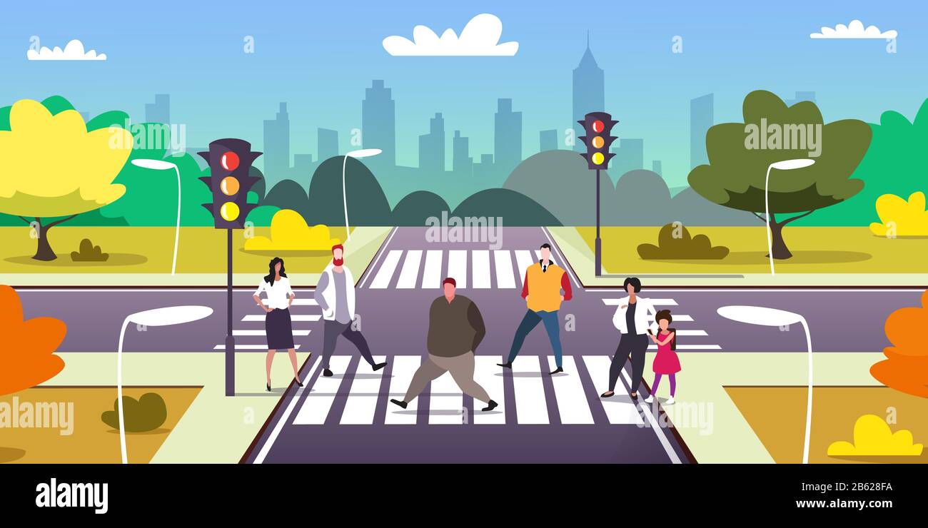people walking on city street crosswalk urban traffic lights cityscape ...