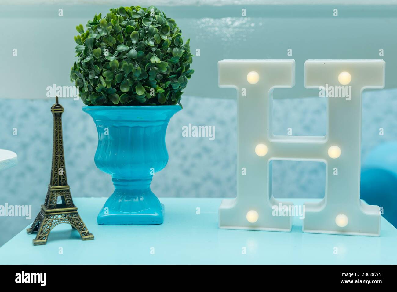 Decoration With Miniature Eiffel Tower Blue Ceramic Vase And The