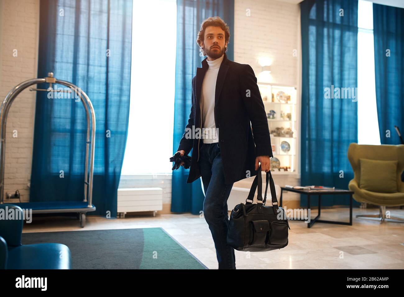 young man going to meet with customers, clients, partners, close up photo. man has missed the plain, flight, train, bus. lateness. tourism Stock Photo