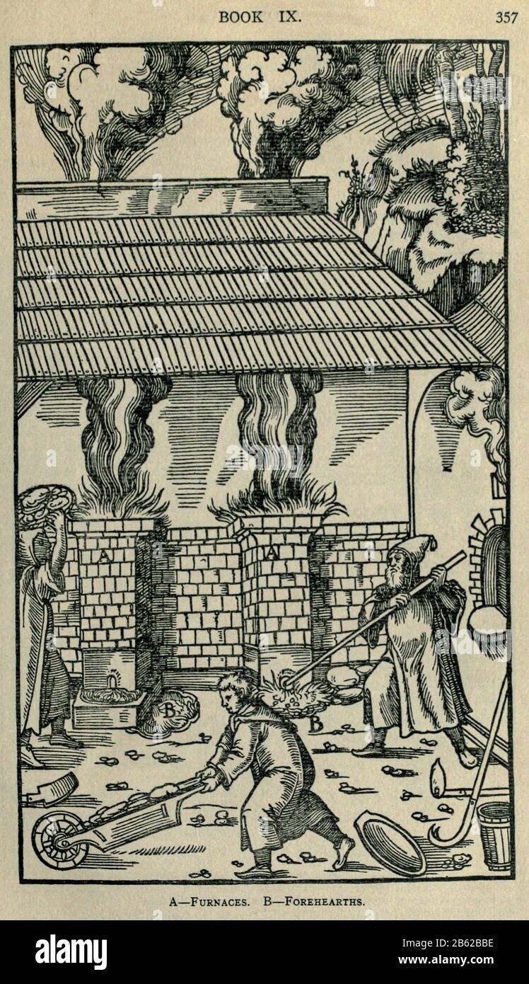 Smelting metal Georgius Agricola De re metallica, translated into English from the 1st Latin ed. of 1556, printed in London by The Mining magazine in 1912 Stock Photo