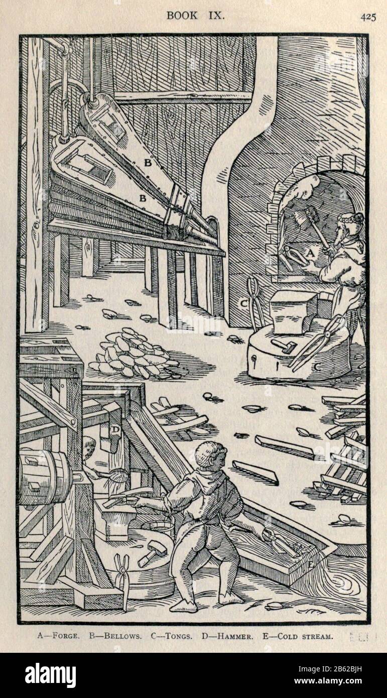 Smelting metal Georgius Agricola De re metallica, translated into English from the 1st Latin ed. of 1556, printed in London by The Mining magazine in 1912 Stock Photo