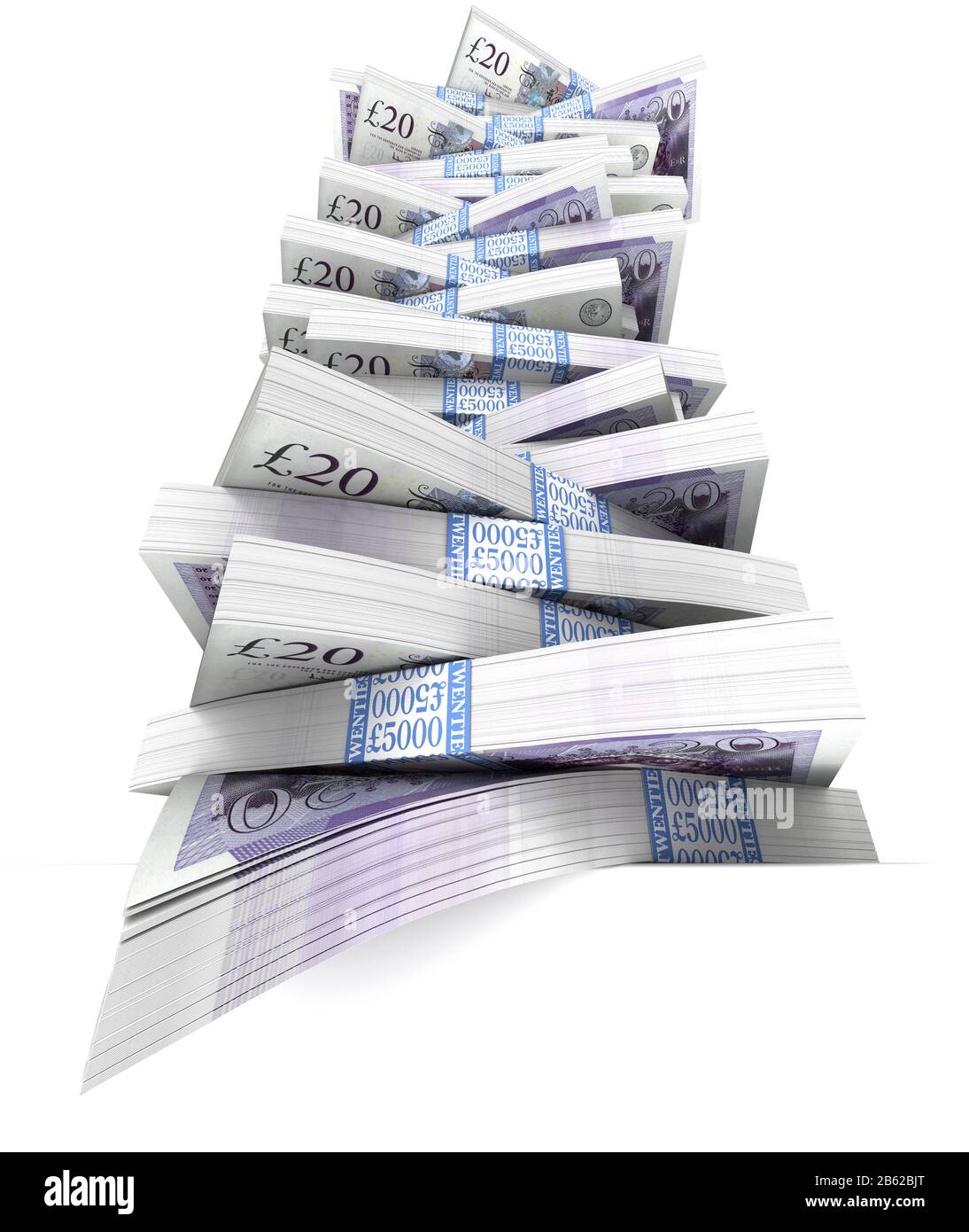 Pound note stack of money. Wealth. Cash. 20 pounds sterling UK banknotes, white background. Low viewpoint. Debt. Finance. Stock Photo