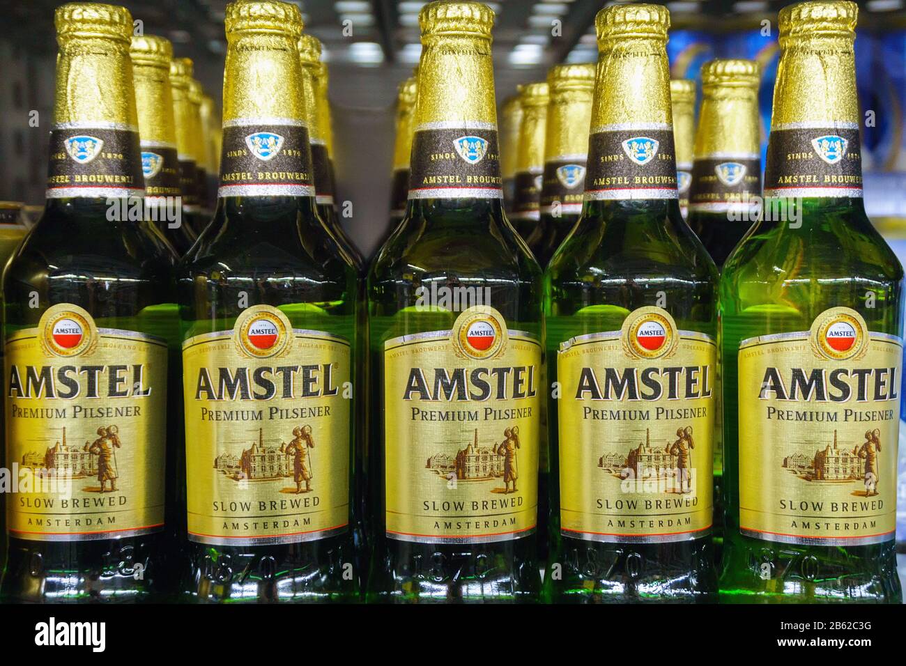 Tyumen, Russia-March 06, 2020: Amstel beer close -up on the shelves of a hypermarket. sale of alcoholic beverages Stock Photo