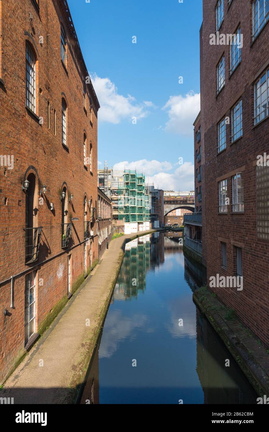 View of the Birmingham and Fazeley Canal running through Birmingham from Ludgate Hill Stock Photo