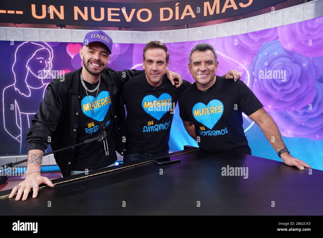 Miami, USA. 09th Mar, 2020.MIAMI, FL - MARCH 9: Jesse of the group Jesse and Joy, Carlos Ponce and Hector Sandarti are is seen during TelemundoÕs Un Nuevo Dia morning show on March 9, 2020 in Miami, Florida.                                (Photo by Alberto E. Stock Photo