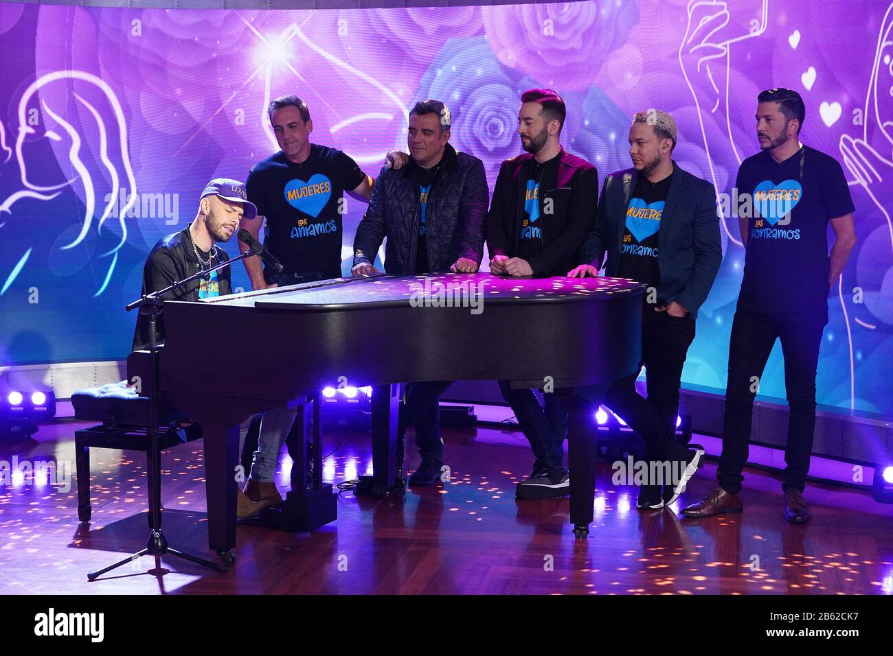 Miami, USA. 09th Mar, 2020.MIAMI, FL - MARCH 9: Jesse of the group Jesse and Joy, Carlos Ponce, Hector Sandarti, Francisco Caceres, Lorenzo Mendez and Luis Angel el Flaco are is seen during TelemundoÕs Un Nuevo Dia morning show on March 9, 2020 in Miami, Florida.                                (Photo by Alberto E. Stock Photo