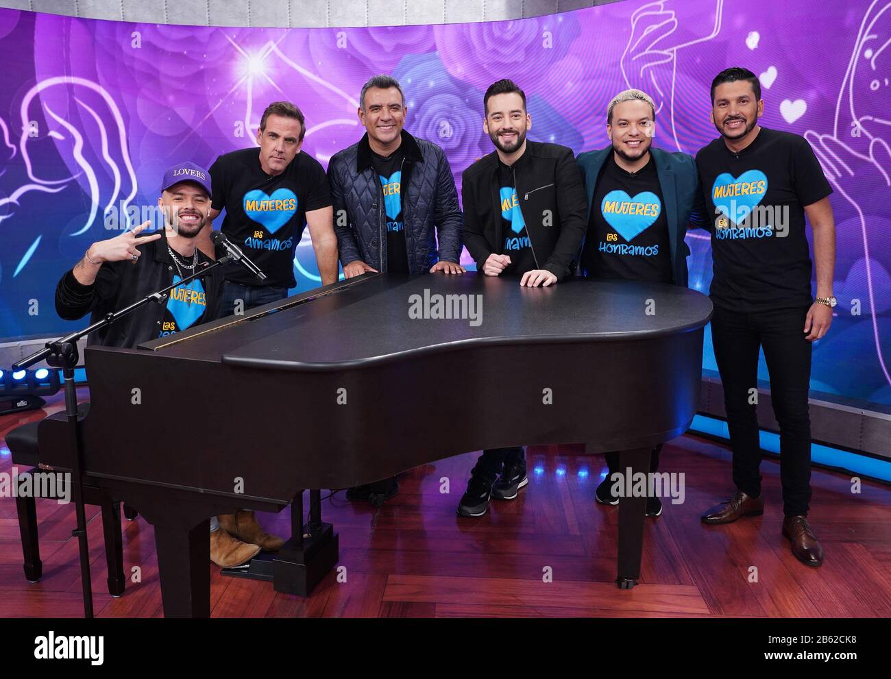 Miami, USA. 09th Mar, 2020.MIAMI, FL - MARCH 9: Jesse of the group Jesse and Joy, Carlos Ponce, Hector Sandarti, Francisco Caceres, Lorenzo Mendez and Luis Angel el Flaco are is seen during TelemundoÕs Un Nuevo Dia morning show on March 9, 2020 in Miami, Florida.                                (Photo by Alberto E. Stock Photo
