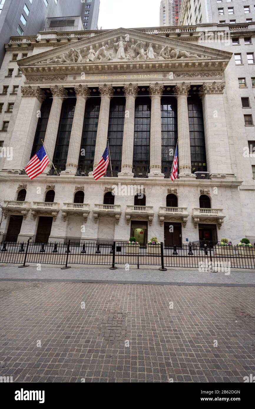 NEW YORK, USA - FEBRUARY 02, 2020: The outside of the New York Stock Exchange. It is the world's largest stock exchange by market capitalization of it Stock Photo