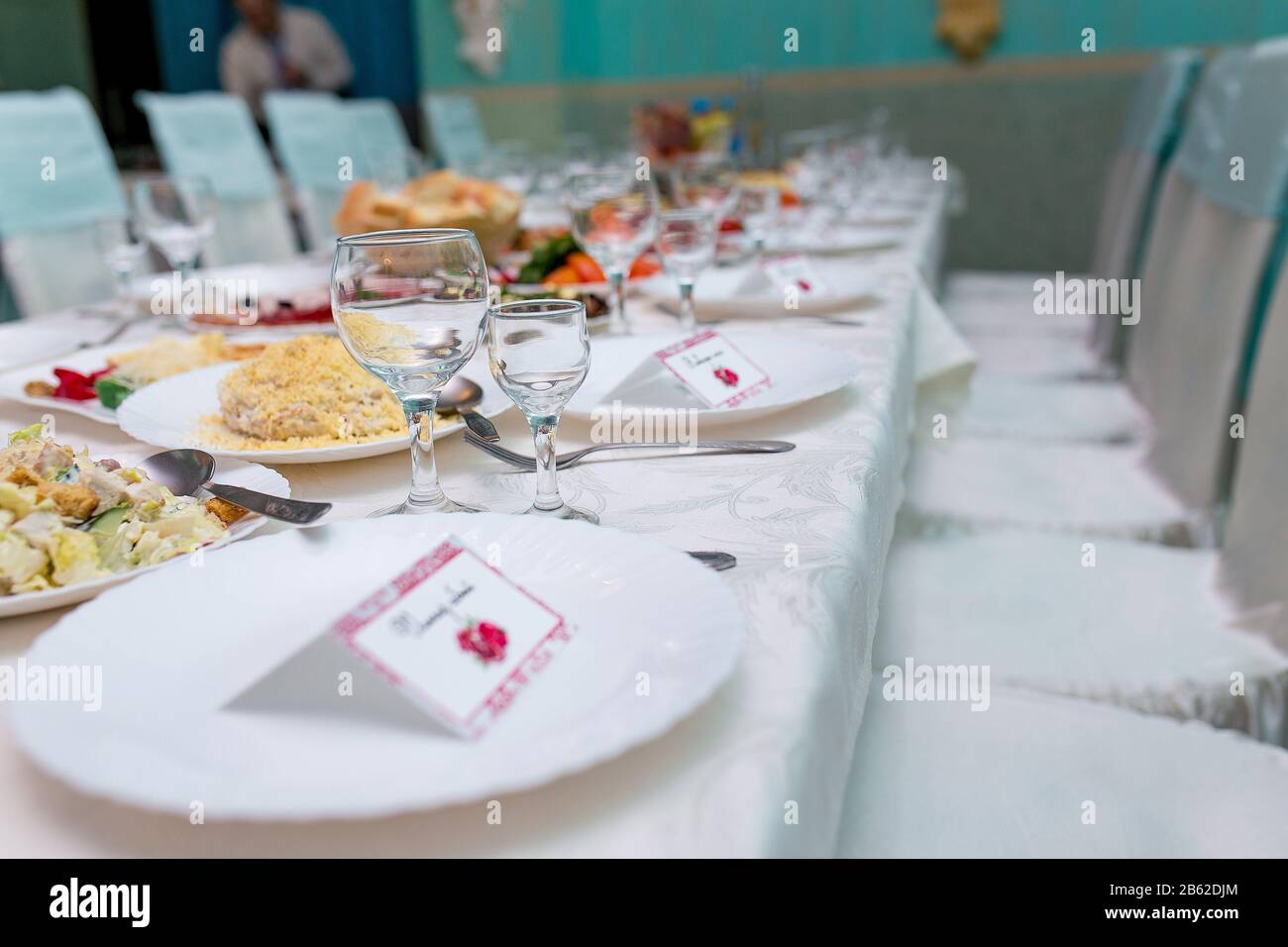 table set for wedding or another catered event dinner. Stock Photo
