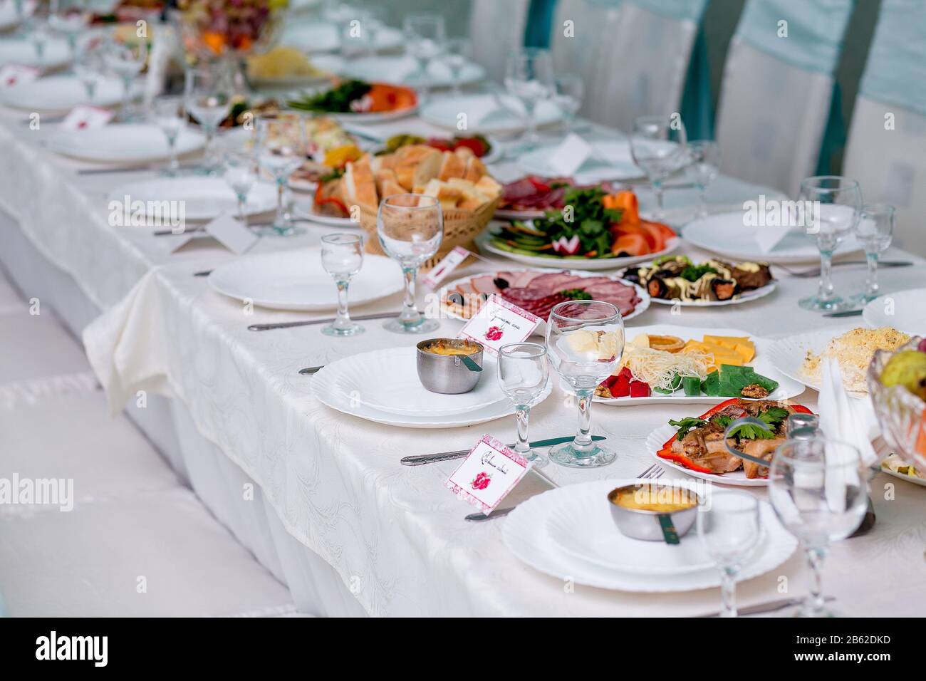 table set for wedding or another catered event dinner. Stock Photo