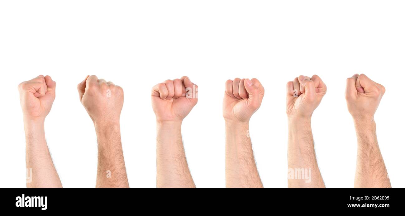 Several views of 6 hands of a caucasian man with a closed fist. Horizontal composition. Stock Photo