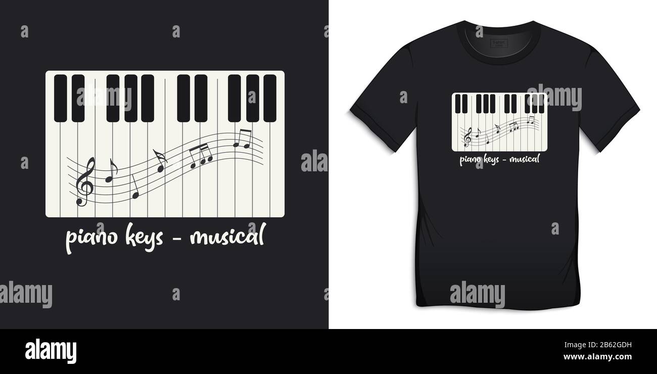 Print on t-shirt, piano keys musical with music notes, isolated on