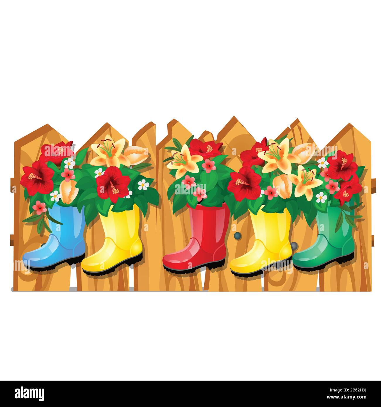 Cute decor on wooden fence form of flower pots in shape of rubber boots isolated on white background. Idea of design of fence for a country house Stock Vector