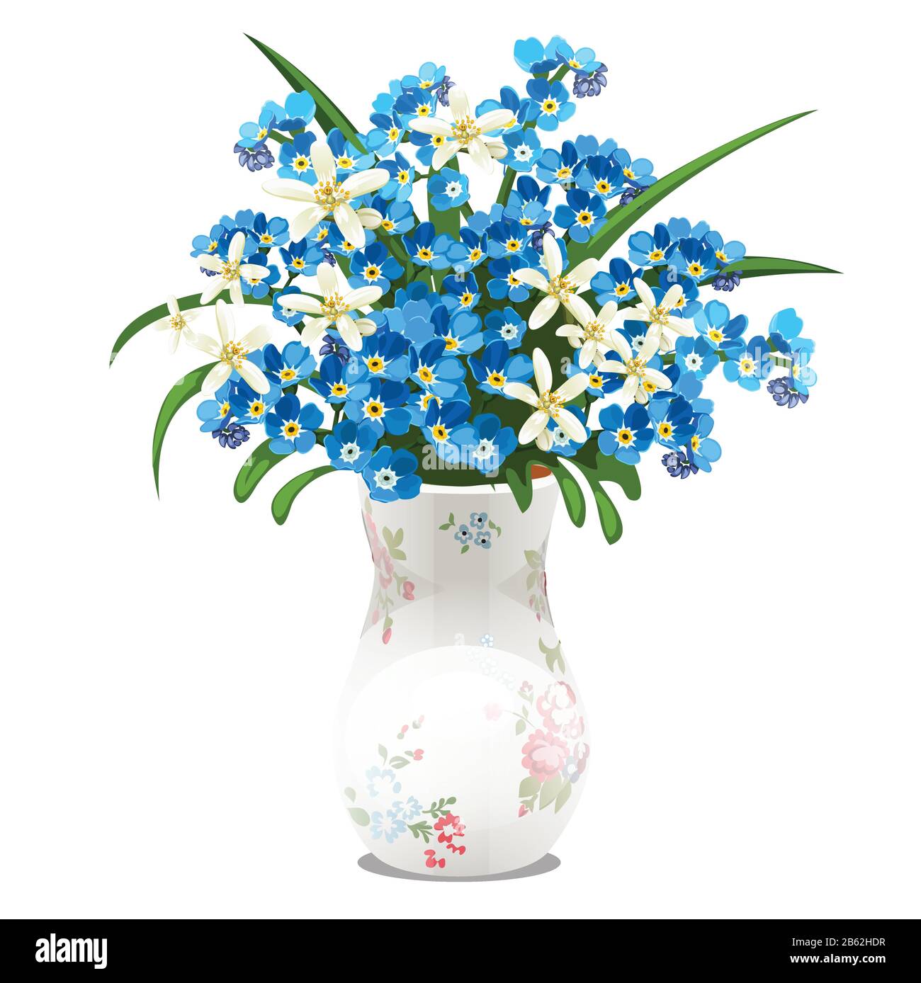 Bouquet of spring flowers and blue forget-me-nots in a porcelain vase ...