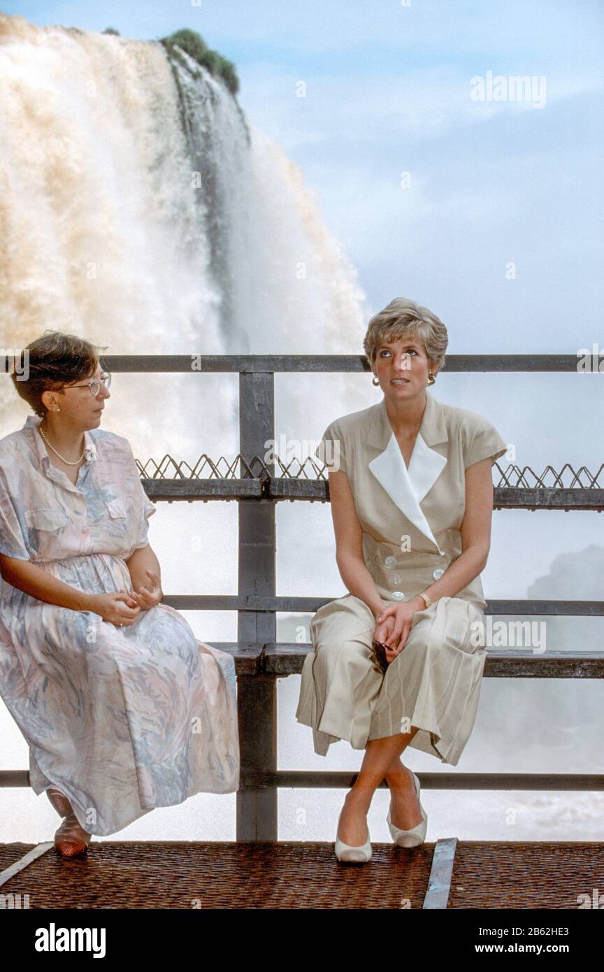 HRH Princess Diana visits the Iguacu Falls during her Royal Tour of Brazil April 1991 Stock Photo