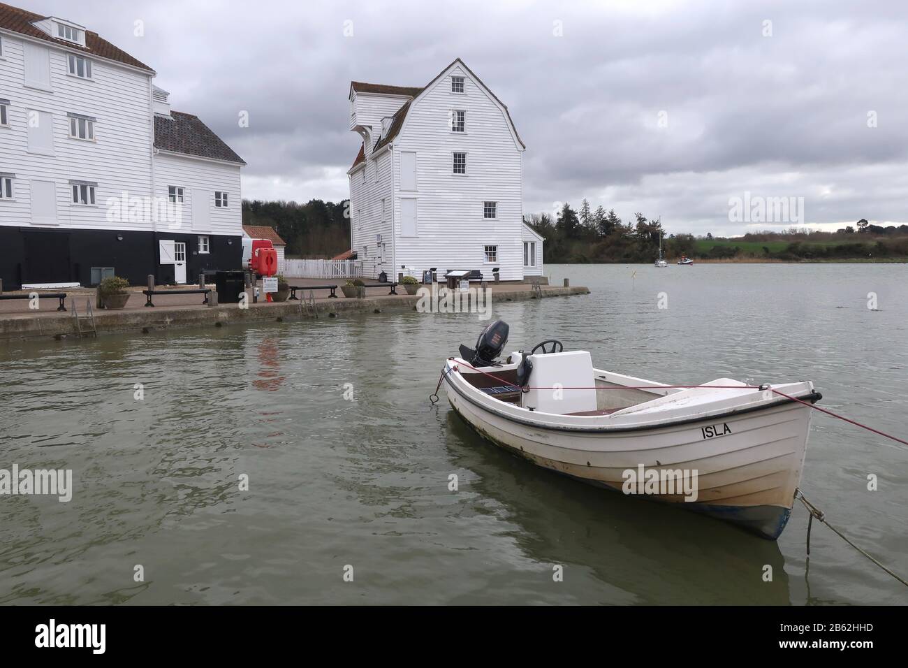 Woodbridge, Suffolk, UK - 9 March 2020: The Tide Mill. Wet and windy afternoon walk alongside the River Deben from Woodbridge to Melton. Stock Photo