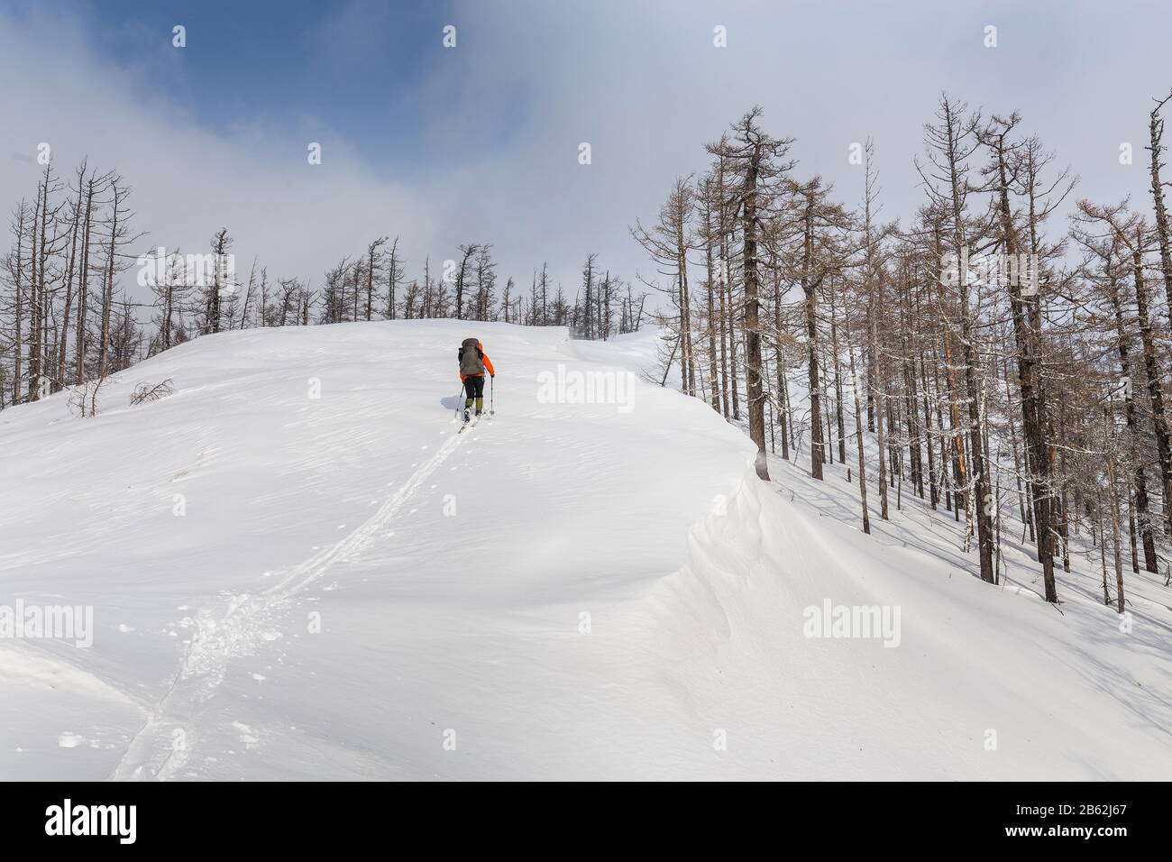 Male skier hiking with backpack in winter mountains and forest Stock Photo