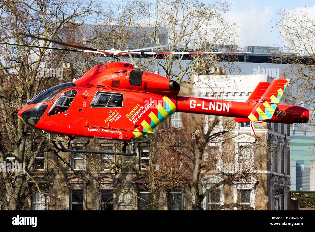 London, U.K. - 2 Mar 2020: A helicopter (MD902 Explorer Registration G-LNDN) from the London Air Ambulance service itaking off. Stock Photo