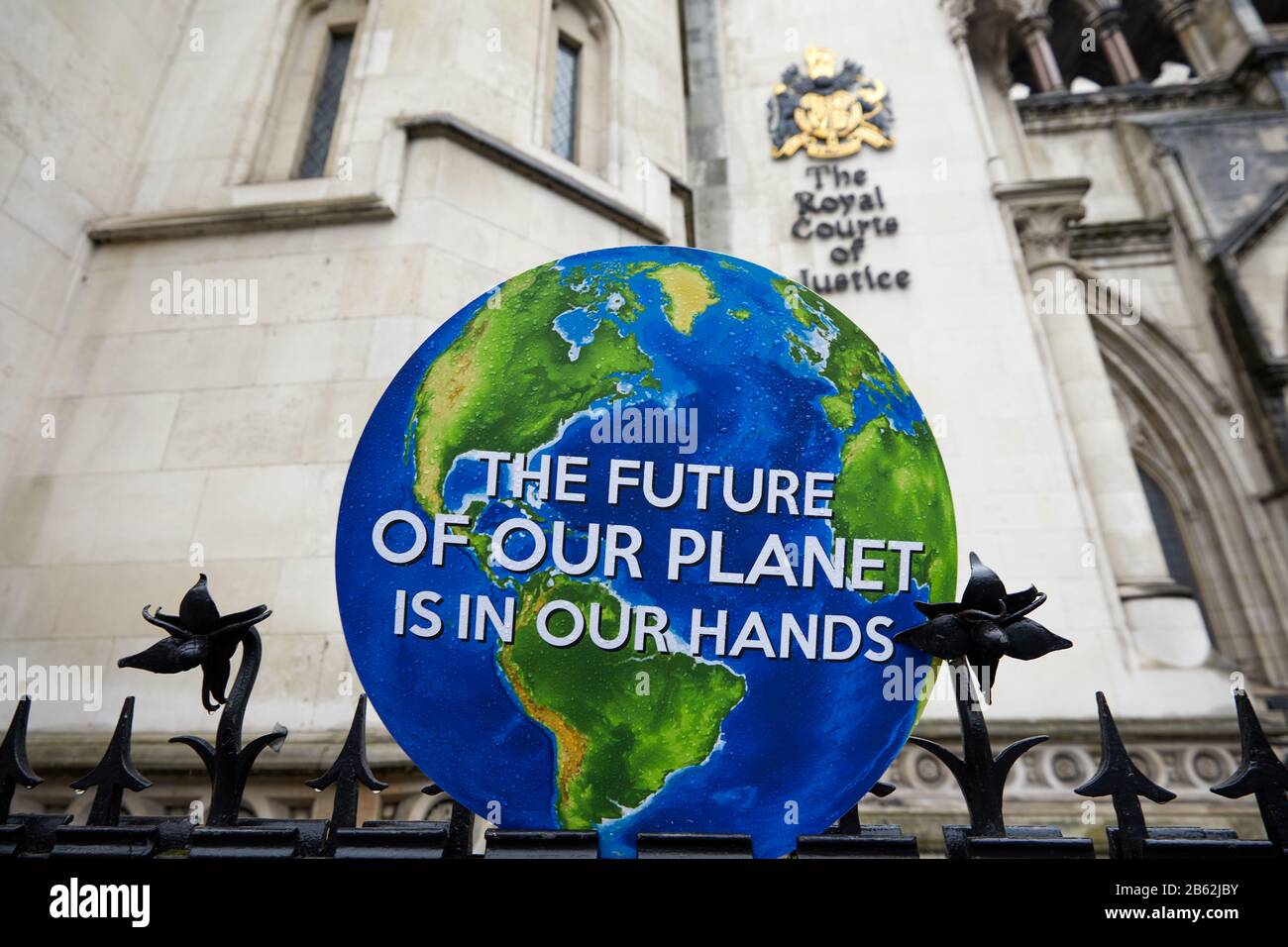 London, UK . - Feb 27, 2020: A campaign sign outside the Royal Courts of Justice on the day of a successful appeal against the government's decision to allow Heathrow expansion. Stock Photo