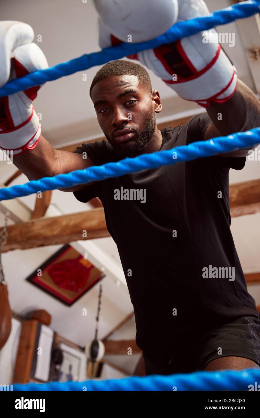 Portrait Of Male Boxer In Gym Wearing Boxing Gloves Leaning On Ropes Of Boxing Ring Stock Photo