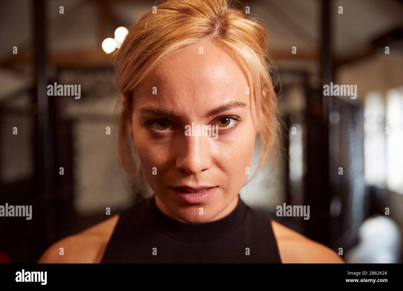 Portrait Of Female Mixed Martial Arts Fighter Training In Gym Stock