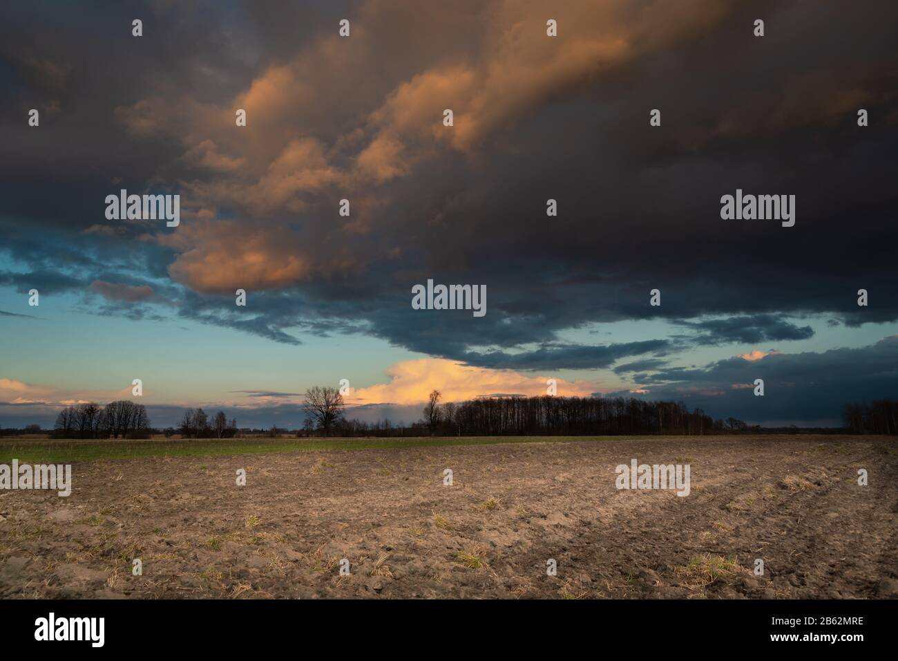 Dark storm clouds illuminated by the sun over a plowed field Stock Photo