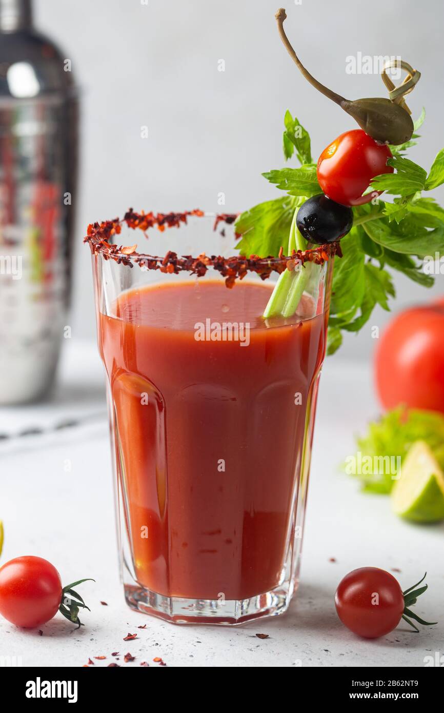 Bloody Mary cocktail. Alcoholic drink with vodka in a glass Stock Photo