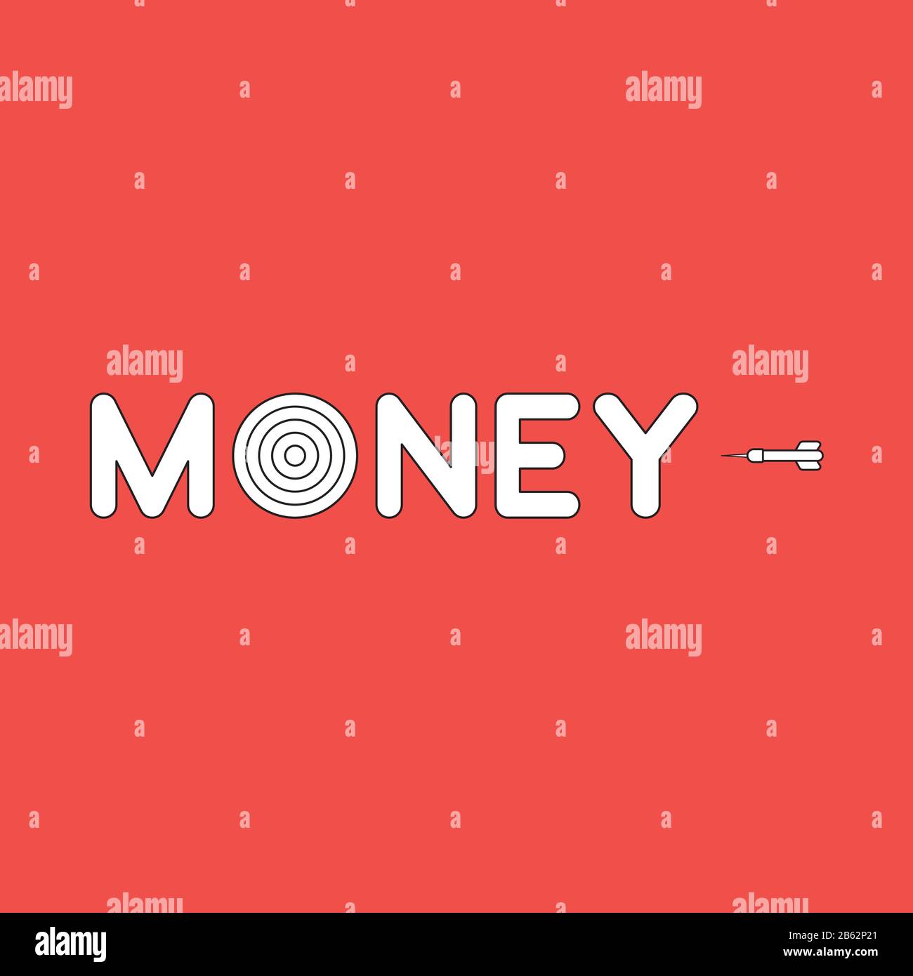 Vector illustration icon concept of money word with bulls eye and dart. Black outlines, red background. Stock Vector