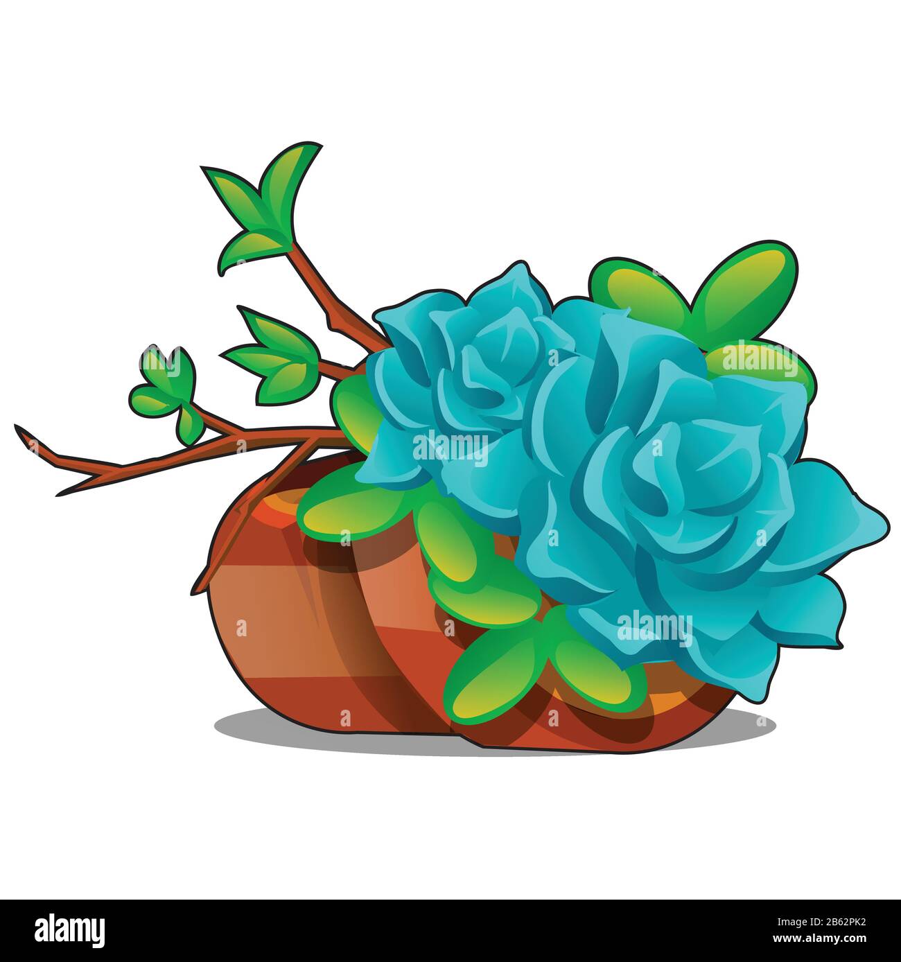 Clay flower pots with a composition of twigs and succulents isolated on a white background. Home potted plants. Vector cartoon close-up illustration. Stock Vector