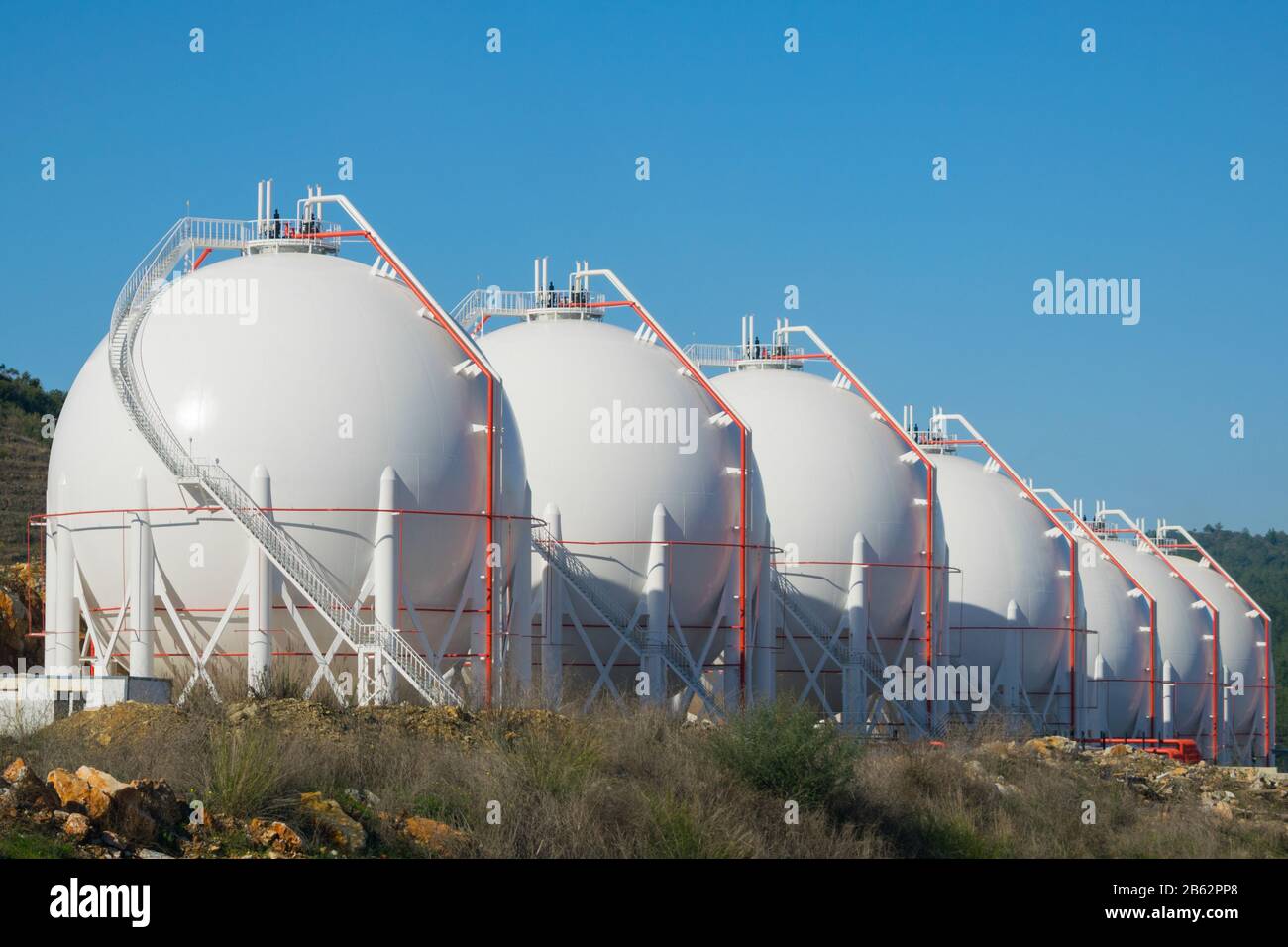 Liquefied natural gas storage tanks. Liquefied  petroleum gas (LPG) storage tanks. Gas plant. Stock Photo