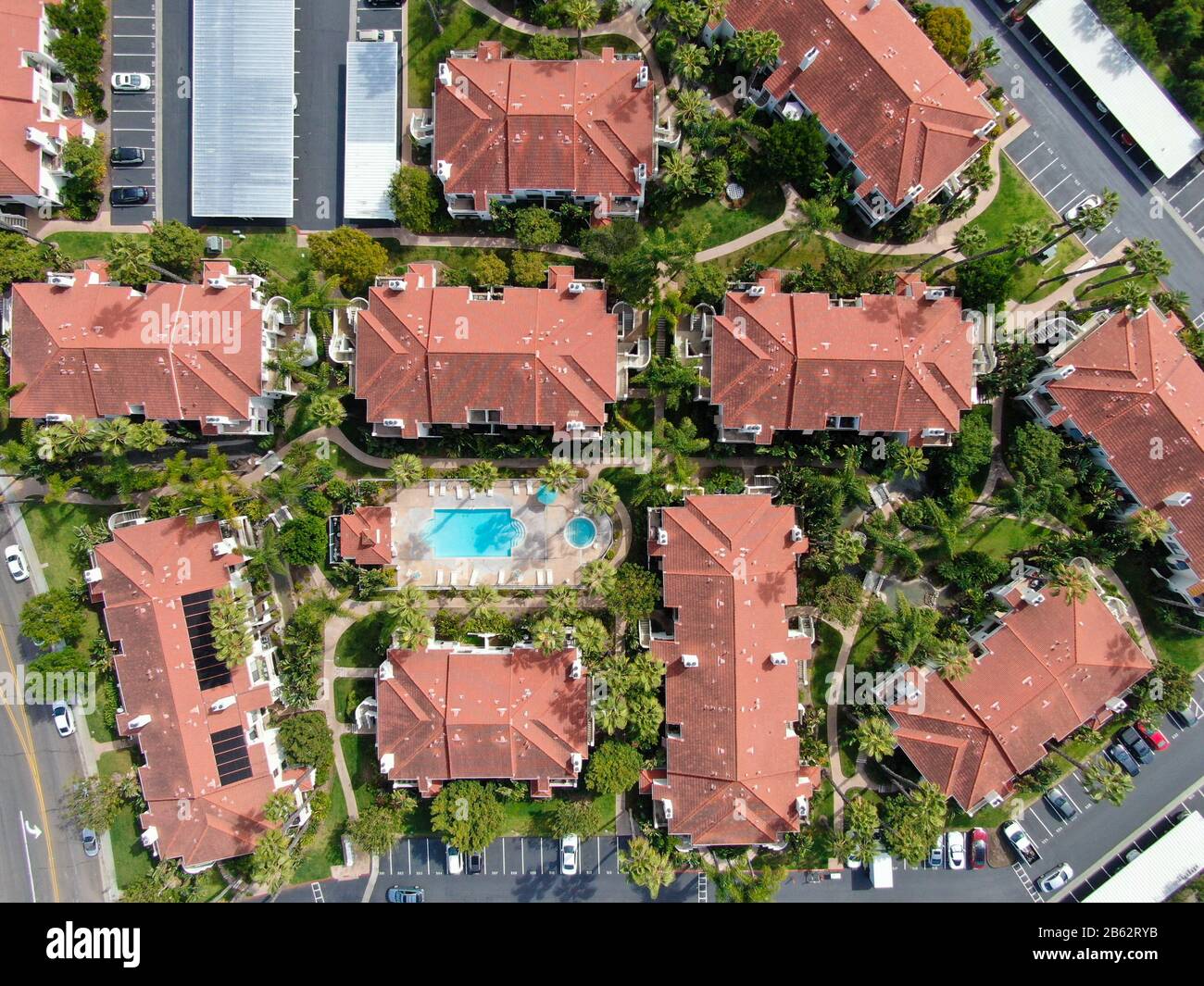 Aerial view of typical Southern California Spanish style residential ...